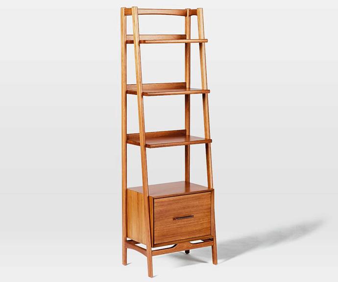 **[Mid-Century bookshelf in acorn 56cm, $999, West Elm](https://www.westelm.com.au/mid-century-bookshelf-narrow-h1058|target="_blank"|rel="nofollow")**<br>This mid century-style bookshelf borrows its slim legs and bevelled edges from iconic '50s and '60s furniture silhouette. It features three shelves and a practical storage unit to hide mess. If this one isn't large enough for your library, it also comes in a 97cm wide iteration. *Dimensions: 178.5h x 38d x 56w cm*.