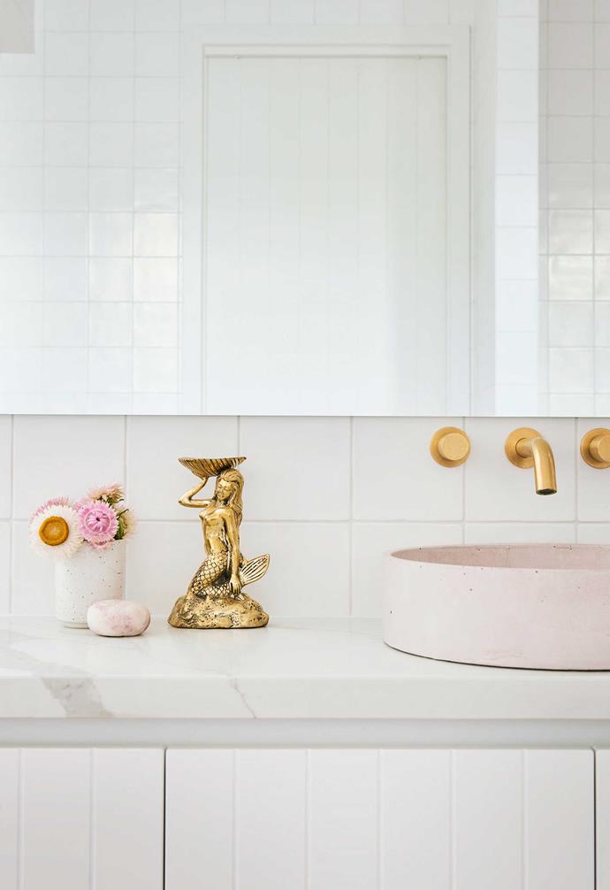 **Ensuite** The pink concrete basin complements the pastel colour palette in the bathroom. Sink, [Concrete Republic](https://www.concreterepublic.com.au/|target="_blank"|rel="nofollow"). Brushed gold hardware, [Reece](https://www.reece.com.au/|target="_blank"|rel="nofollow").