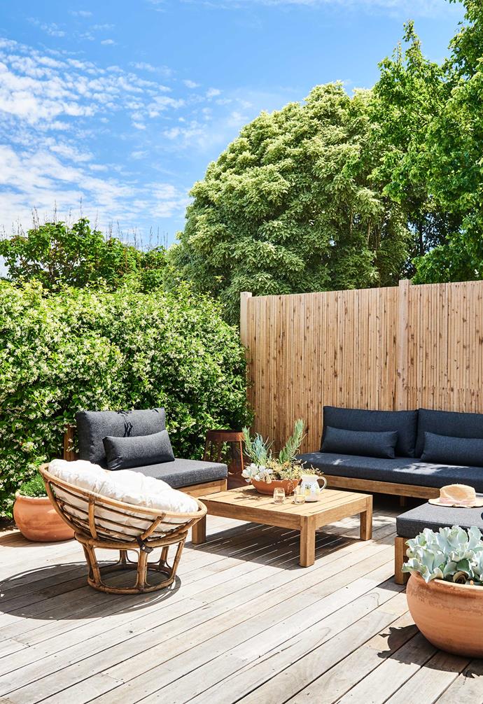 **Deck** Briony and Ben chose outdoor furniture from [Freedom's](https://www.freedom.com.au/|target="_blank"|rel="nofollow") new range. Armchair by Home Bazar from [Bunnings](https://www.bunnings.com.au/|target="_blank"|rel="nofollow").