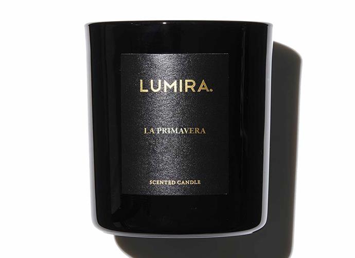 **Lumira La Primavera Glass Candle, $69, [Lumira](https://www.adorebeauty.com.au/lumira-atelier/lumira-glass-candle-la-primavera-300g.html|target="_blank"|rel="nofollow")**.<br><br>In the creation of the La Primavera glass candle, Australian-based Lumira drew inspiration from springtime in San Remo. Housed in Lumira's classic black glass jar that adds a beautiful ambience to any room, La Primavera boasts a heady bouquet of floral notes ranging from jasmine, to rose and lily, complemented with patchouli, cashmere musk and vetiver.