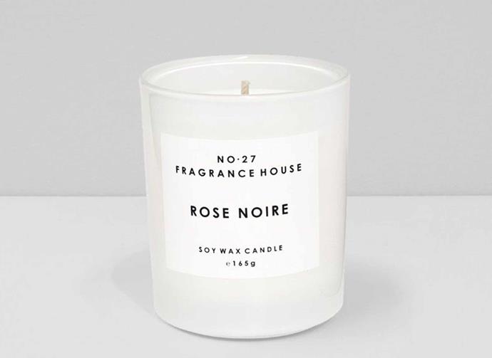 **Rose Noire Scented Candle by No 27 Fragrance House, 45, [Aura Home](https://www.aurahome.com.au/rose-noire-candle|target="_blank"|rel="nofollow").**<br><br>Beautifully handcrafted in small batches in Melbourne, each No 27 Fragrance House candle is made from 100% pure natural soy wax resulting in a clean burn. Rose Noire, as its name suggests, pairs a heady base of roses with a pop of lemon peel and blackcurrant as well as hints of musk to create a fresh and floral scent.