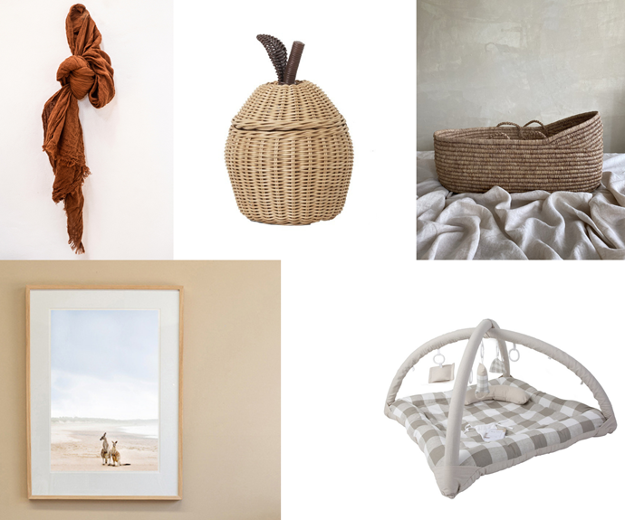 Clockwise from left: **1.** The Cozy scarf in Brown, $89, [Kara Rosenlund](https://shop.kararosenlund.com/the-cozy-scarf-brown/|target="_blank"|rel="nofollow"). **2.** Ferm Living 'Apple' braided basket, $70, [Smallable]. **3.** Mon Coeur Moses basket, $320, [House of Paloma](https://houseofpaloma.com/products/noro-mon-coeur-moses-basket|target="_blank"|rel="nofollow"). **4.** Nurture limited edition framed print (50cm x 76cm), $1590, [Kara Rosenlund](https://shop.kararosenlund.com/nurture-photographic-print/|target="_blank"|rel="nofollow"). **5.** Limited edition activity mat bundle in Natural + White, $339, [Stina's Style](https://www.stinasstyle.com.au/products/sommar-collection-bundle-natual-white|target="_blank"|rel="nofollow").