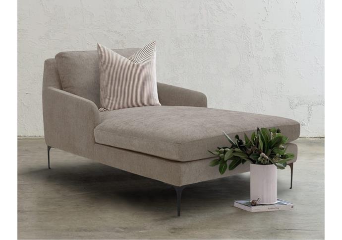 **[Vittoria chaise lounge chair, $1299, Living by Design](https://livingbydesign.net.au/products/pre-order-vittoria-chaise-lounge-chair-cashmere-smoke?variant=38165409857734&currency=AUD|target="_blank"|rel="nofollow")**<br>
Plush comfort and a slim silhouette define the Vittoria chaise. This inviting statement piece features a seat and backrest padded with feather and dense foam to ensure excellent support.