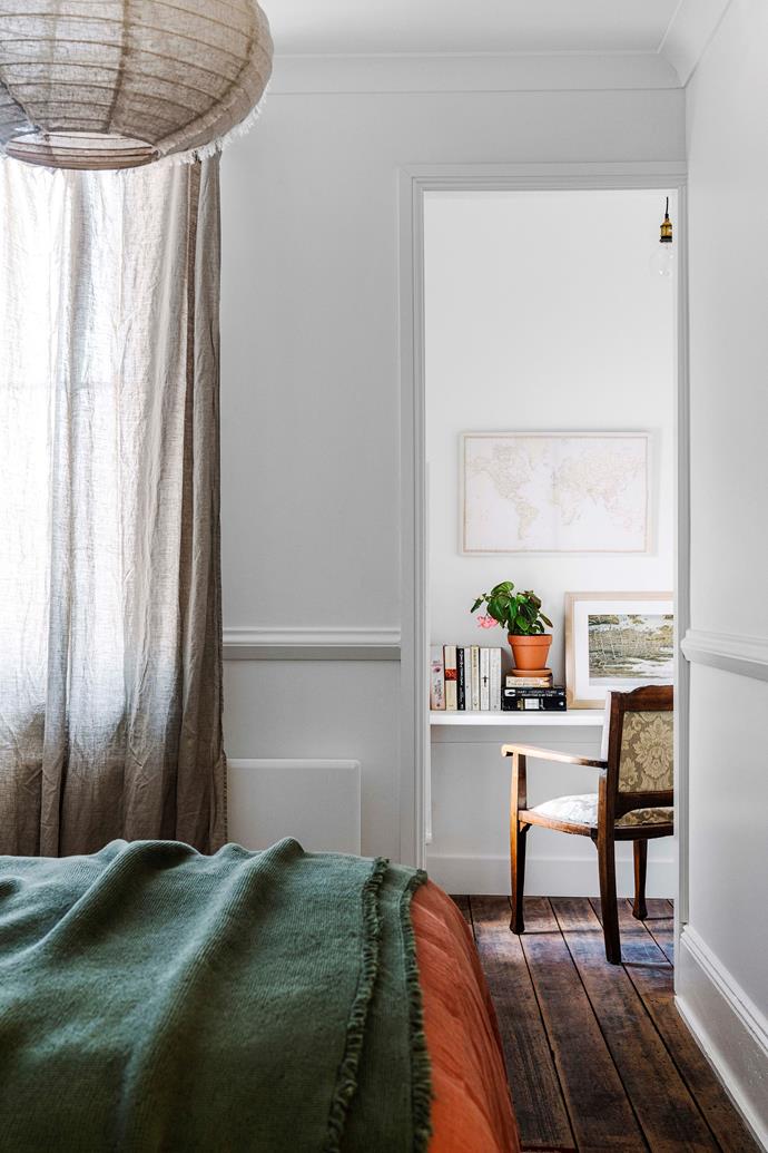 The bathroom leads out to a study. Elise scours antique shops for everything she loves, rather than searching for specific items. "When you collect things based on what you love, once you put it together, it all ties in."