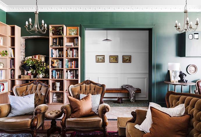 Elise and Craig wanted to maintain the traditional aspects of the Crookwell building. The living room walls are in Taubmans Dark Green Velvet. "Even the name stuck with me," says Elise. "Green velvet? Perfect."