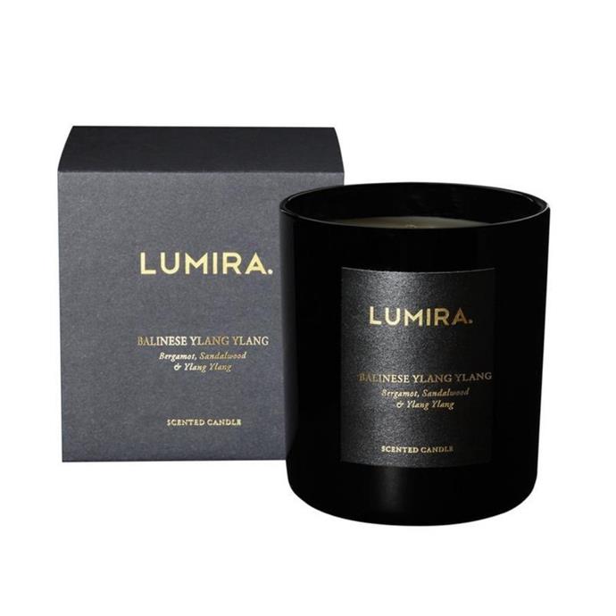 **Lumira Balinese Ylang Ylang candle, $70, [Tuchuzy](https://www.atelierlumira.com/products/balinese-ylang-ylang|target="_blank"|rel="nofollow")** <br><br>

Housed within a sleek black vessel, this candle has been designed to foster an atmosphere of romance and relaxation. Golden Ylang Ylang flower is emboldened by jasmine sambac and black orchid, and crowned with a delicate aromatic spice. The vivid smokiness of incense, coupled with the rich earthiness of velvety sandalwood and patchouli, make this fragrance truly intoxicating.