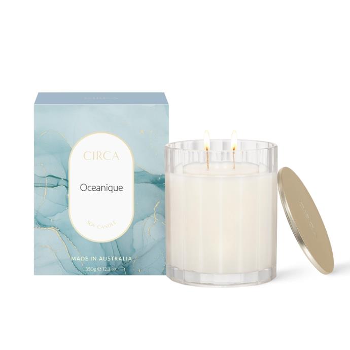 **Oceanique soy candle 350g, $39.95, [Circa](https://circa.com.au/collections/oceanique/products/oceanique-candle-350g|target="_blank"|rel="nofollow")**<br><br>
An ode to ocean breezes, this uplifting candle features a blend of orange blossom and bergamot that will have you convinced your sofa is a hammock. The elegantly waved, glass vessel makes for a fitting ocean tribute.