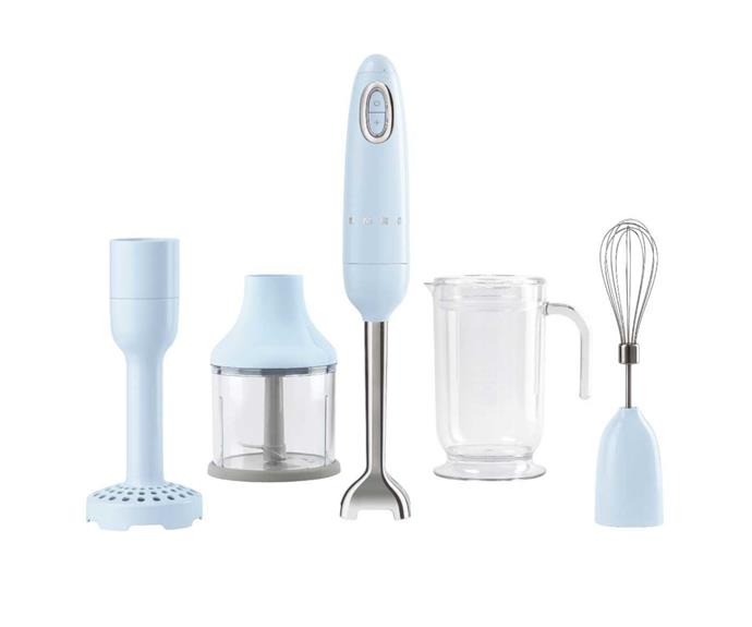 **[Smeg HBF02PBAU 50s retro style stick blender, $279, The Good Guys](https://www.thegoodguys.com.au/smeg-50s-retro-style-hand-blender---blue-hbf02pbau|target="_blank"|rel="nofollow")**
<br></br> 
If creating steaming hot soups is your main reason for purchasing a blender, consider opting for a stick blender that can also mash, whisk, emulsify and chop. You may think that a handheld blender is less powerful than a traditional benchtop unit, but when it comes to Smeg, that couldn't be further from the truth. The 700 watt motor enables fast and easy blending. For $221, you'll receive the stick blender as well as attachments including a potato masher, a chopper bowl and a whisk attachment. Next day delivery is available for most metro areas. **[SHOP NOW.](https://www.thegoodguys.com.au/smeg-50s-retro-style-hand-blender---blue-hbf02pbau|target="_blank"|rel="nofollow")**