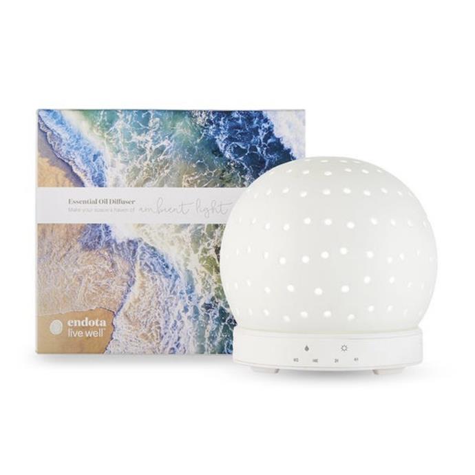 **[Endota Spa essential oil diffuser, $44 (usually $55), The Iconic](https://www.theiconic.com.au/livewell-essential-oil-mini-usb-diffuser-1511720.html|target="_blank"|rel="nofollow")**<br>
The perforated, spherical design of this diffuser casts dappled white light into your space, creating a warming and peaceful vibe. Made of ceramic and BPA free plastic, finely disperses essential oils into your home in 2 or 4 hour time settings. **[SHOP NOW](https://www.theiconic.com.au/livewell-essential-oil-mini-usb-diffuser-1511720.html|target="_blank"|rel="nofollow")**.