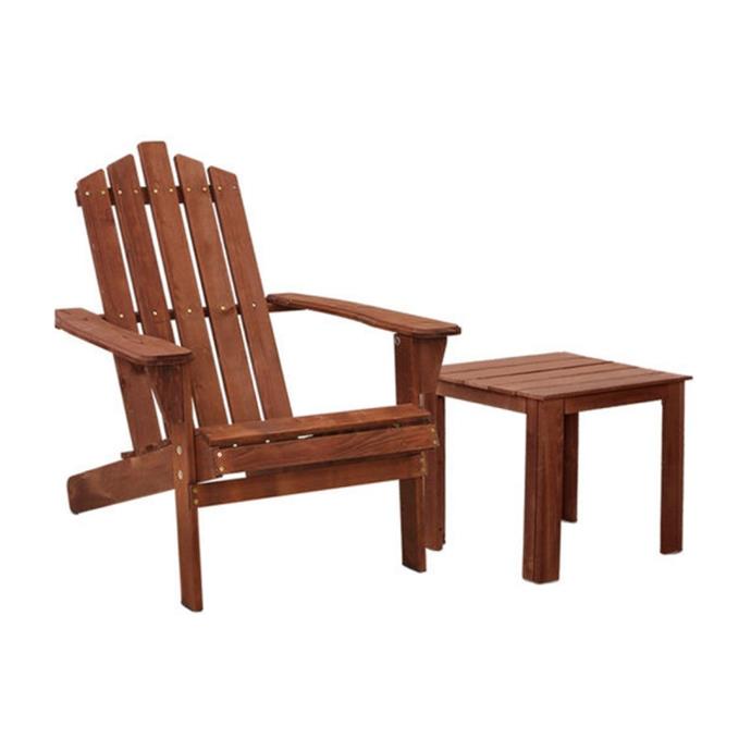 **[Kenway 2-Piece Wooden Adirondack Patio Chair With Table, $244.95, On Sale For $232.70, Zanui](https://www.zanui.com.au/Kenway-Wooden-Adirondack-Patio-Chair-196877.html|target="_blank"|rel="nofollow")**
<br> 
Featuring a supportive high back, smooth edges, bevelled highlights, and flat, extra wide armrests, this deck chair has been designed with comfort in mind. This delightful timber design also comes with a small side table for resting a summer spritz or warm cup of tea. This model is finished in an eco-friendly water-based paint to preserve the Hemlock wood finish and improve its UV resistance and all-weather use capability. **[SHOP NOW.](https://www.zanui.com.au/Kenway-Wooden-Adirondack-Patio-Chair-196877.html|target="_blank"|rel="nofollow")**