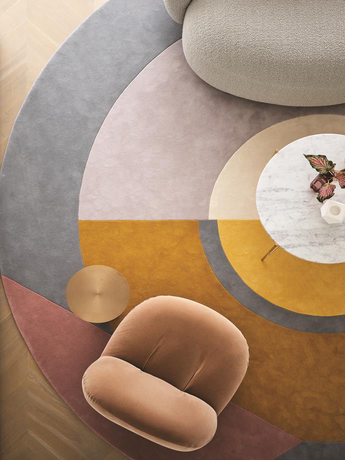 With intersecting geometries recalling painters Sonia and Robert Delaunay, the custom 'Despres' rug by Greg Natale from Designer Rugs is a splash of deco glamour in the living area.