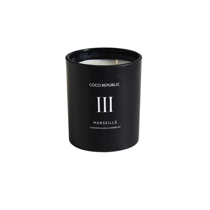 **Marseille Candle, $65, [Coco Republic](https://www.cocorepublic.com.au/marseille-candle.html|target="_blank"|rel="nofollow").**<br><br> Bright lime, orange, saffron and cilantro heart notes float on a base of heady tobacco, vanilla, suede, patchouli & oakmoss in Coco Republic's beautiful Marseille candle. Inspired by the magical port-side city on the French Riviera, it's a cocktail of scents that will suit every season.