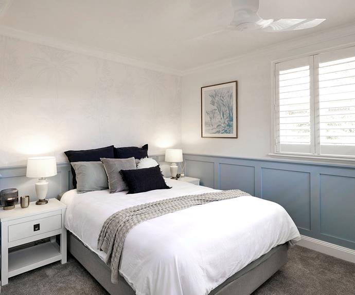 The judges were impressed by the quality of the workmanship in Kirsty and Jesse's guest bedroom. All bedding from [Aura Home](https://www.aurahome.com.au/the-block/the-block-2021/kirstyandjesse|target="_blank"|rel="nofollow"). Framed art print from [The Block Shop](https://www.theblockshop.com.au/product/coastal-palm-blue-type-1-stretched-canvas-or-printed-panel/|target="_blank"|rel="nofollow").