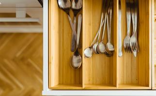 Overhead shot of cutlery drawer and cutlery