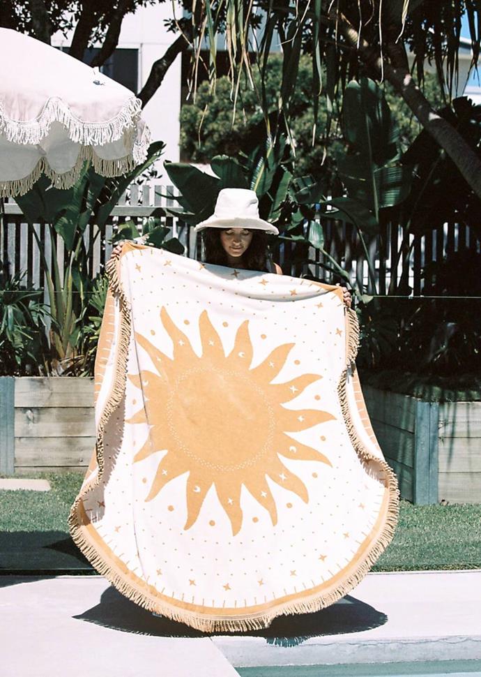 **Lune Round Towel, $109, [The Beach People](https://thebeachpeople.com.au/collections/beach-towels/products/lune-round-towel|target="_blank"|rel="nofollow")**

Contrary to popular opinion, not all beach towels have to be rectangle. Spread out on the Lune Round Towel from The Beach People and celebrate 'beautiful balmy sunsets by the sea' with it's creative, warm design.