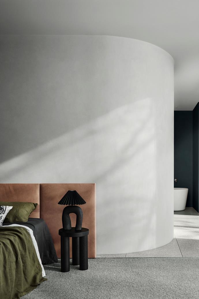 The curved wall behind the bedhead is painted in Dulux Tranquil Retreat. The wall in the background is painted in Dulux Ferry. Lamp by [Deborah Sweeney](https://www.deborahsweeney.com/|target="_blank"|rel="nofollow").