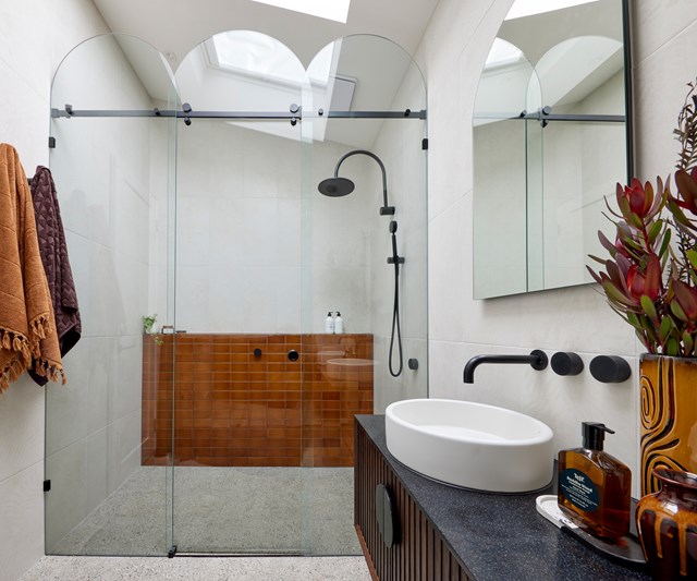 While the judges panned the feature tiles at the back of [Tanya and Vito's ensuite](https://www.homestolove.com.au/the-block-2021-master-ensuite-reveals-22973|target="_blank") on The Block, the 3-part curved shower screen was a hit.