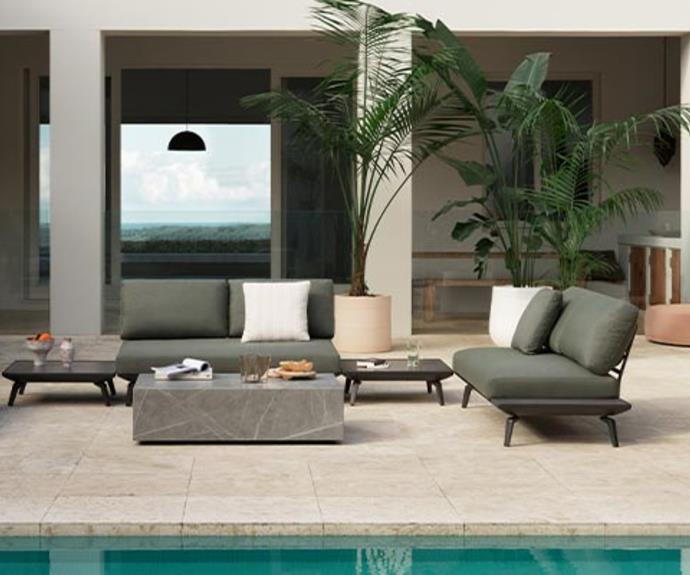 **[King King Cove Package 6, $4690](https://www.kingliving.com.au/shop/outdoor/sofas/king-cove/king-cove-package-6|target="_blank"|rel="nofollow")** 

Australian design with minimal styling requirements, yet maximum comfort. This contemporary setting ticks all the boxes with hard wearing, powder coated alloy frame supporting sprung modular seating. This set includes 2 x 2 seater sofas with integrated side tables and a matching coffee table - all with a textured ceramic finish. Customise your outdoor setting with choices from a kaleidoscope of Sunbrella fabric choices. Cushions are water and mould resistant and the frame carries a 10 year warranty. **[SHOP NOW.](https://www.kingliving.com.au/shop/outdoor/sofas/king-cove/king-cove-package-6|target="_blank"|rel="nofollow")**
