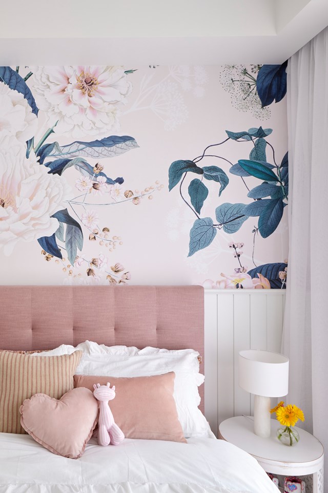Bold wallpaper doesn't dominate this sweet bedroom when installed above VJ panelled wainscoting in [Kirsty and Jesse's Hamptons style home](https://www.homestolove.com.au/kirsty-and-jesse-house-the-block-2021-23107|target="_blank") on The Block.
