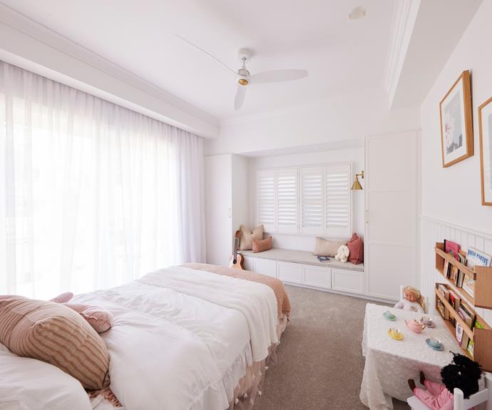 **Guest bedroom**
<br></br> 
In their [kids bedroom](https://www.homestolove.com.au/the-block-2021-guest-bedroom-and-redo-reveals-22987|target="_blank"), Kirsty and Jesse created a warm colour palette driven by a feature wall of blousy floral wallpaper, using soft dusty pink, offset with white linen bedding. The judges loved the lighting choices and the fresh, happy look that gave a nod to the Hamptons style Kirsty and Jesse have channelled throughout their home.