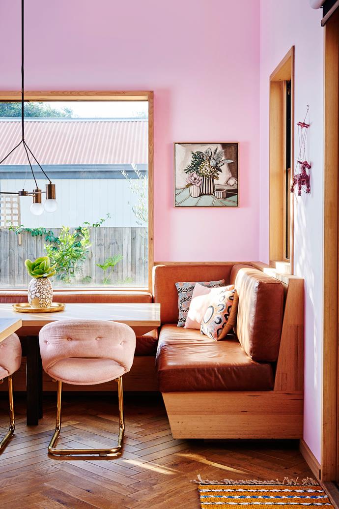 This corner of the kitchen in [Kip & Co co-founder Hayley Pannekoecke's colourful home](https://www.homestolove.com.au/kip-and-co-co-founder-hayley-pannekoeckes-colourful-home-6044|target="_blank") is a cosy spot for family mealtimes. The tan leather benches are custom-made and the light is from Jardan, as are the pink velvet and brass armchairs.