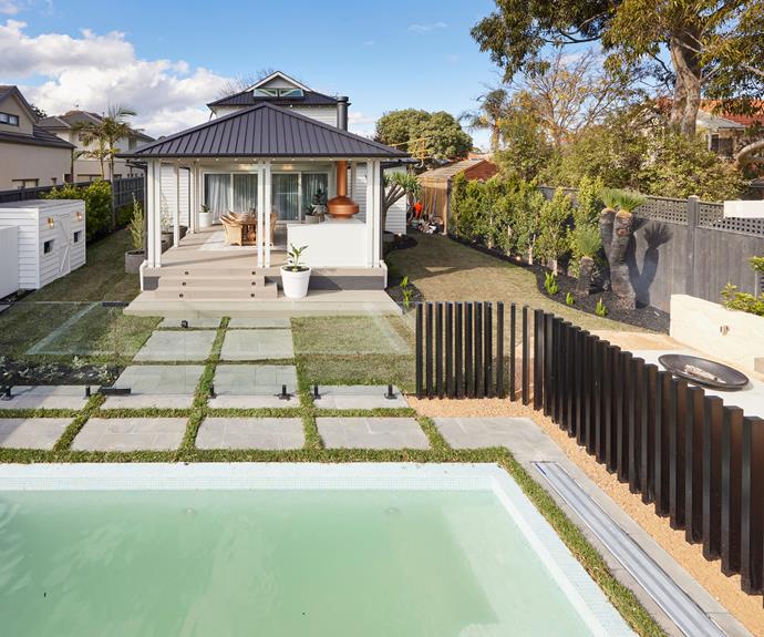 Darren admired the architectural element of the [pool fencing](https://bluecrocmanufacturing.com.au/pool-fences/|target="_blank"|rel="nofollow") and Shaynna's longed-for cubby house (on left) was no less thrilling to her when it turned out to be a chook shed in Kirsty and Jesse's Hamptons style backyard.
