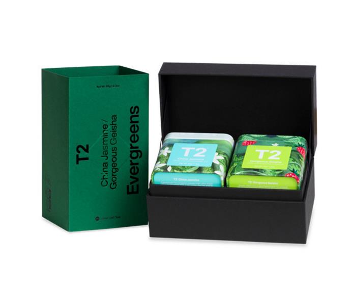 Good quality green tea is the ideal last-minute gift, and **[T2's Icon Duo Gift Pack - Evergreens, $30](https://www.t2tea.com/en/au/gifts/tea-gift-packs/icon-duo-gift-pack---evergreens-T145AK582.html|target="_blank"|rel="nofollow")** comes with the brand's signature China Jasmine and Gorgeous Geisha blends. This beautifully packaged bundle comes with two tea storage tins.
