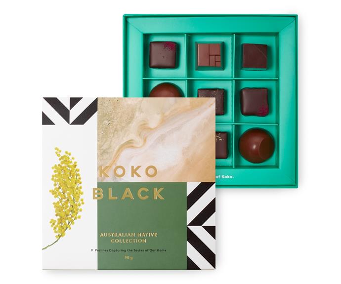 Chocolate is a fool-proof gift, but take it up a notch this year with Koko Black's **[Australian Native Praline gift box, $29](https://www.kokoblack.com/products/australian-native-collection-gift-box-9-piece|target="_blank"|rel="nofollow")** filled with delectable treats infused with the unique flavours of Australia including strawberry gum and macadamia caramel.