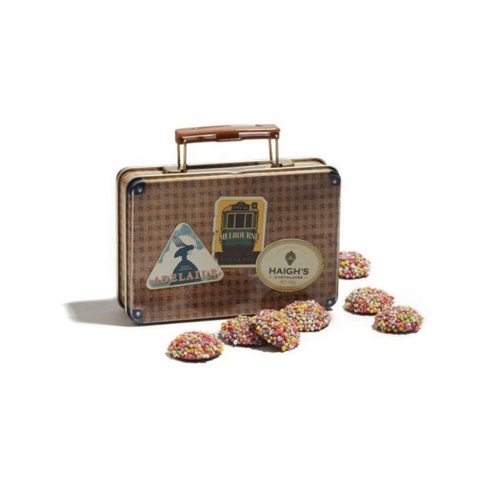 **[Chocolate speckles suitcase tin, $18.50, Haighs](https://www.haighschocolates.com.au/speckles-suitcase-tin|target="_blank"|rel="nofollow")**<br>
Haigh's finest milk chocolate speckles served in a novelty mini suitcase tin is sure to please almost anyone, but especially the lover of sustainable packaging.