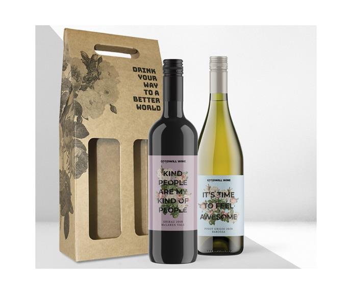 **Goodwill Wine** What's better than a bottle of wine? *Several* bottles of wine! For the recipient who already has everything, it's time to give the gift of socially conscious wine that's delicious to boot. [Goodwill Wine](https://goodwillwine.com.au/|target="_blank"|rel="nofollow") partners with over 300 charities across the country with 50% of the profits helping to support these initiatives. <br><br>Shiraz and Pinot Grigio Gift Pack, $39.95, [Goodwill Wines](https://goodwillwine.com.au/products/shiraz-pinot-grigio-gift-pack|target="_blank"|rel="nofollow").