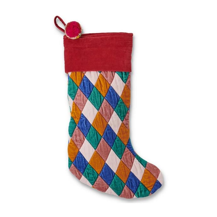 **[Harlequin velvet Christmas stocking, $59, Kip & Co](https://kipandco.com.au/products/christmas-harlequin-velvet-stocking|target="_blank"|rel="nofollow")**<br>
Taking a modern twist, this velvet cotton stocking in a harlequin print is anything but kitsch. Afterpay available.