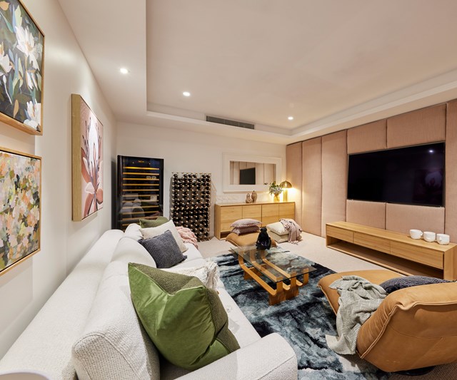 **Media room**
<br></br>
To complete their basement, Mitch and Mark created a multi-functional entertaining space to be used as a media room or [wine cellar](https://www.homestolove.com.au/the-block-2021-garage-wine-cellar-reveals-23088|target="_blank") as the occasion dictates. Unfortunately, the judges were on a different wavelength and weren't the biggest fans of the styling or the wine racks that were "shoved into the corner."