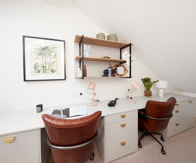 **Study**
<br></br> 
Mitch and Mark's study space featured impressive joinery packed with storage by [Kinsman](https://kinsman.com.au/|target="_blank"|rel="nofollow"). It was the only home office that felt like a permanent work space to the judges who loved the layout, the design and the styling.