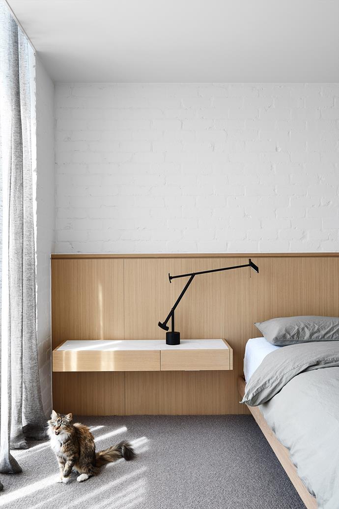 A generous main bedroom was a must-have. Custom Polytec timber-look laminate bed and bedhead. Bed linen, [David Jones]. Wool carpet, [Cavalier Bremworth](https://bremworth.com.au/|target="_blank"|rel="nofollow").