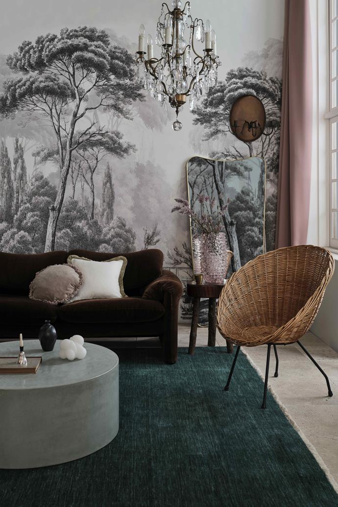 Tame stormy grey with a gentle touch of rose, then add the luxe appeal of velvet and grounding effect of rattan.