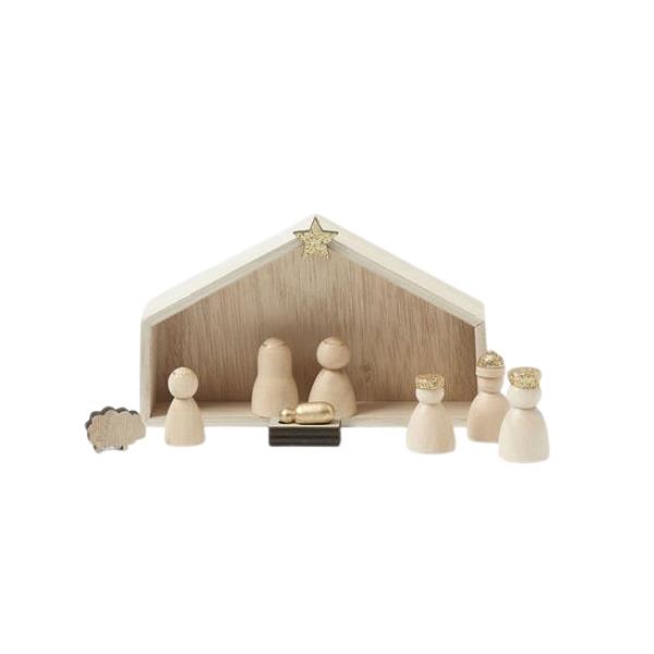 Morgan & Finish mini wooden nativity set, $12.99, [Bed Bath N' Table](https://www.bedbathntable.com.au/te-wooden-mini-nativity-s9-natural-21165201|target="_blank"|rel="nofollow")<br>
For an understated and minimalist nod to the nativity, opt for this wooden set accented with gold and glitter.