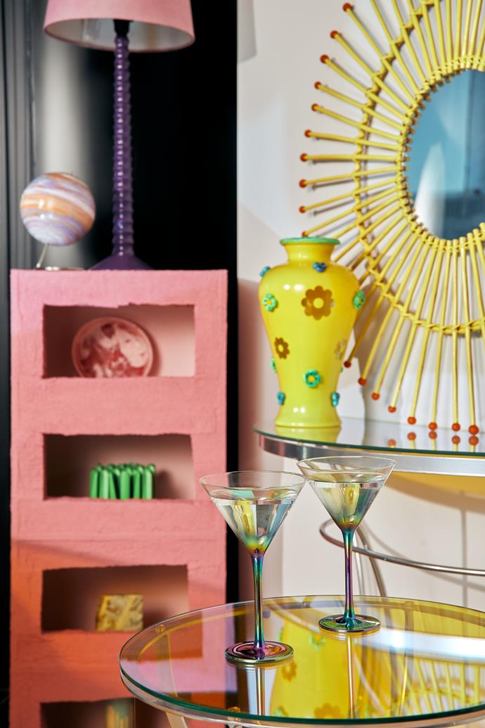 The one off, upcycled pieces include a flower-covered vase, supernova mirror and chromatic table.