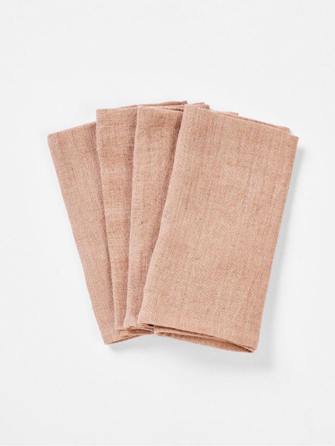 **[Vintage linen napkins in clay, $59.95 (set of 4), Aura Home](https://www.aurahome.com.au/vintage-linen-napkins-pink-clay|target="_blank"|rel="nofollow")**
<br></br>
Aura Home's vintage linen napkins are handwoven by skilled artisans in India. Made from pure linen and coloured with an all-natural dye, these napkins will be treasured for many years to come. Pairs well with the matching [vintage linen tablecloth in clay](https://www.aurahome.com.au/vinatge-linen-tablecloth-clay|target="_blank"|rel="nofollow"). Also available in white, black, slate, jade khaki, tobacco and mink.
