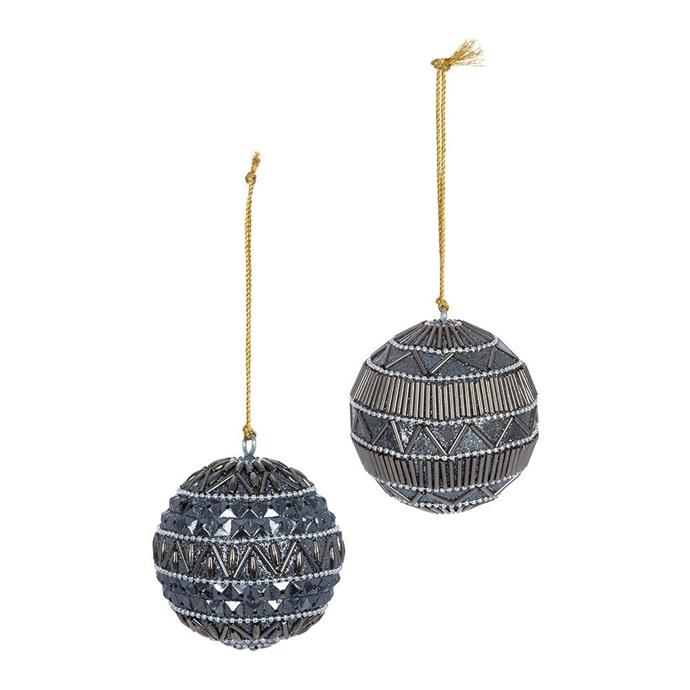 **[Beaded stripe bauble, $44/set of two, Amara](https://www.amara.com/au/products/beaded-stripe-bauble-set-of-2|target="_blank"|rel="nofollow")**<br>
Decorated with two different delicate beaded designs, this set of baubles will suit any style of Christmas tree. Complete with a golden string to hang from, it's easily removable should you wish to replace it with another colour.