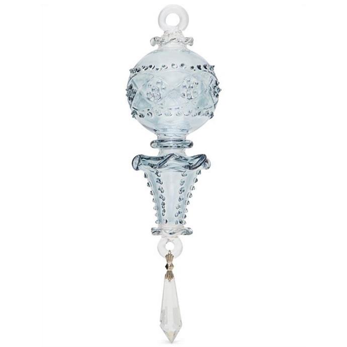 **[Handmade blue chandelier crystal glass ornament, $59.95, David Jones](https://www.davidjones.com/home-and-food/christmas/christmas-ornaments-and-baubles/24082143/HANDMADE-BLUE-CHANDELIER-CRYSTAL-GLASS-ORNAMENT.html|target="_blank"|rel="nofollow")**<br> 
This hand decorated and etched European glass ornament is elegance embodied. Reminiscent of a crystal chandelier, it's elaborate design hangs from the branches of the Christmas tree like an icicle. What's more, it's delivered in a lined gift box for safe storage.