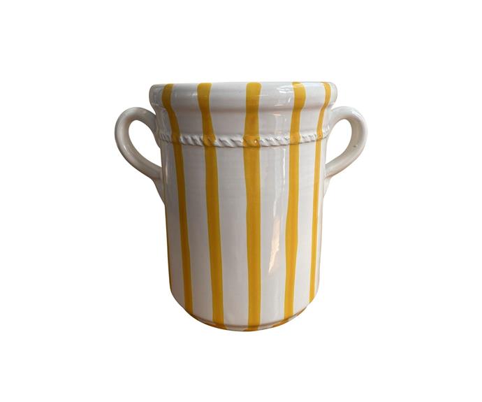 **[Ceramic wine cooler - yellow stripe, Puglia, Italy, $220, Alex and Trahanas](https://alexandtrahanas.com/collections/new-arrivals/products/ceramic-wine-cooler-yellow-stripe-puglia-italy|target="_blank"|rel="nofollow")**<br>
Another brand hailing from Italy, Alex and Trahanas designs have soared in popularity in recent years. This sunny wine cooler is reminiscent of the shop-front striped awnings of the Italian *Fruttivendelo's* (fruit shops), and double as a beautiful, large vase when not in use.