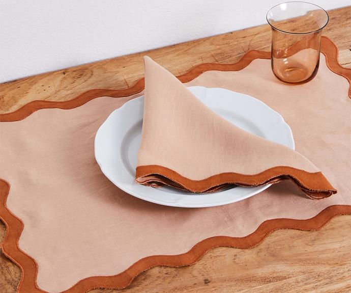 **[100% linen scalloped napkins in terracotta & rust, $70, Bed Threads](https://bedthreads.com.au/products/100-linen-scalloped-napkins-in-terracotta-rust-set-of-four|target="_blank"|rel="nofollow")**<br>
These 100% linen scalloped napkins from Bed Threads make setting the table an absolute dream. The terracotta & rust combination is iconically summer, however there are four other colourways to choose from to suit every occasion and style.