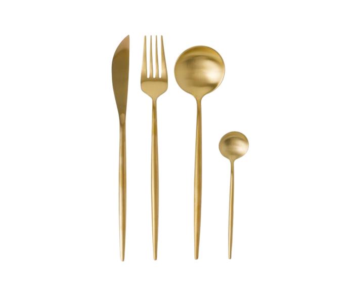 **[Vue Spencer 16pc Cutlery Set Gold, $49.97, Myer](https://www.myer.com.au/p/vue-spencer-16pc-cutlery-set-gold|target="_blank"|rel="nofollow")**<br>
This elegant cutlery set features tapered lines and simple geometry. Get in quick, it's on sale now from $99.95 to $49.97!