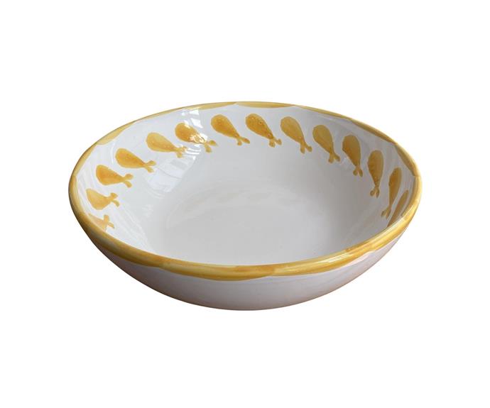 **[Large ceramic serving bowl - yellow fish, Puglia, Italy, $280, Alex and Trahanas](https://alexandtrahanas.com/collections/serving/products/large-ceramic-serving-bowl-yellow-fish-puglia-italy|target="_blank"|rel="nofollow")**<br>
This gorgeous, large pasta bowl was built for serving. Made in Puglia, Italy from ceramic, it tells a tale of coastal, warm summers.