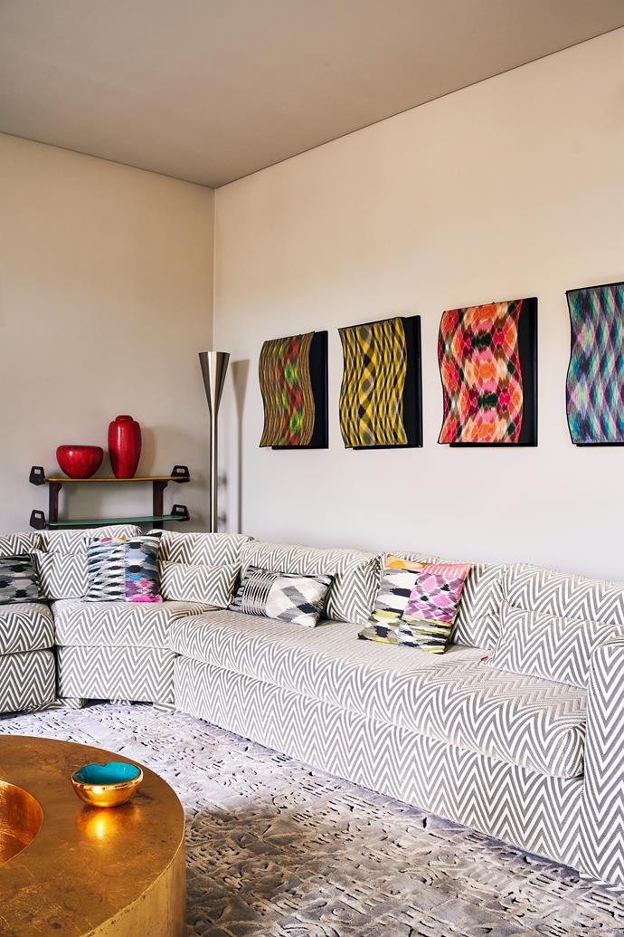 Textile designs by Rosita's late husband Ottavio Missoni are framed and displayed on the wall. Ottavio also designed the flooring.