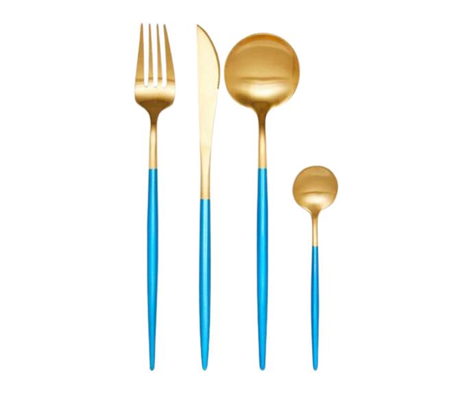 [**Peru cutlery set in gold 4-piece, $36, 16-Piece Set, $122, Franky's**](https://frankyskitchen.com/products/peru-cutlery-set-gold?variant=32891507671104|target="_blank"|rel="nofollow") 
<br>
This bold addition will make mealtimes memorable. Available as a 4-piece or 16-piece set, it's also available in a gold-and-white version. Afterpay available. Perfect for everyday use or for when you just want something a little bit fancy.
