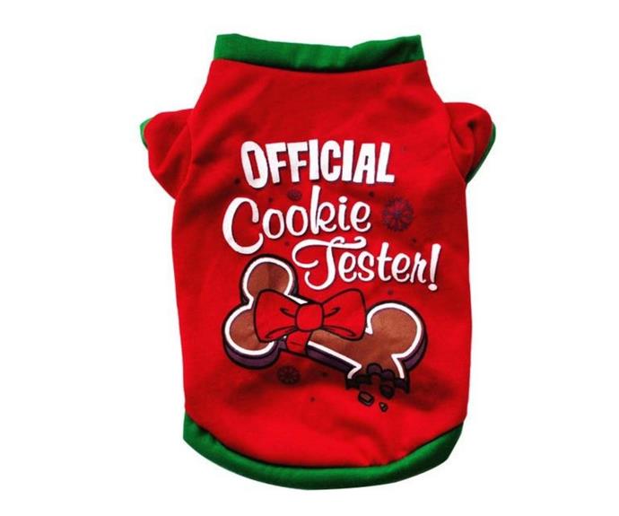 [**Christmas Cookie Tester Dog Or Cat Shirt, $16.99, The Pampered Pet**](https://thepamperedpet.com.au/collections/christmas-collection/products/christmas-cookie-tester-dog-or-cat-shirt|target="_blank"|rel="nofollow") 

This cheeky Cookie Cutter tee will set your furry best friend apart this festive season. Don't forget to leave Santa a little cookie by the fireplace! **[SHOP NOW.](https://pawsplanetshop.com/products/christmas-cat-costume-santa-hat-and-scarf-christmas-pet-costume-for-cats-and-small-dog-brown?variant=37547641602248|target="_blank"|rel="nofollow")**