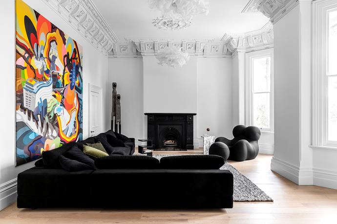 The 19th-century home's magnificent proportions invite decorative gestures on a commensurably grand scale – albeit of a different era – including the large psychedelic painting by German contemporary artist Franz Ackermann that hangs in the sitting room above a sleek, wraparound sofa from King.
