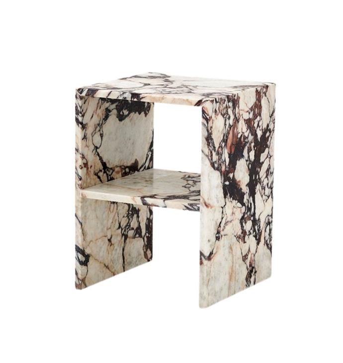 **[Bella bedside, from $1700, Just Adele](https://www.justadele.com.au/collections/tables/products/bella-bedside-tables|target="_blank")** <br> 
Featuring a sleek and minimal design, the Bella bedside lets the marble do the talking. With an internal shelf, it's perfect for beside your bed or sofa. Handmade in Melbourne, it can be customised to suit your requirements.