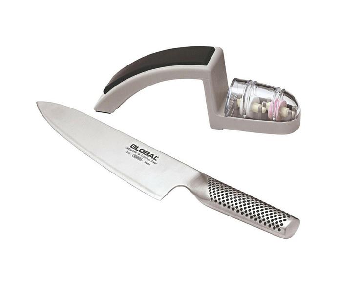 **[Global 20cm Classic Cook's Knife with Water Sharpener, $128.20 (usually $265), Catch.com.au](https://www.catch.com.au/product/global-20cm-classic-cooks-knife-w-water-sharpener-5987452/|target="_blank"|rel="nofollow")**<br>
A great mid-range option, you'll likely recognise Global as a popular choice when it comes to kitchen knives. The CROMOVA 18 stainless steel blade provides superior cutting whilst the dimpled handle allows for sturdy grip and good control. This set also comes with a water sharpener, so when it starts feeling a little blunt you can bring it back to its former glory with ease.